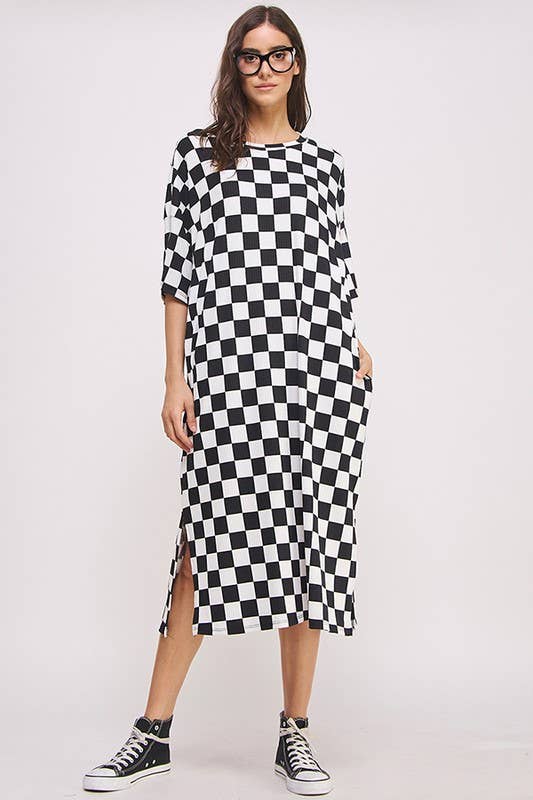 JADE BY JANE – wholesale Dress – Women's – 1/2 SLEEVE RIBBED CHECKERBOARD MIDI DRESS0