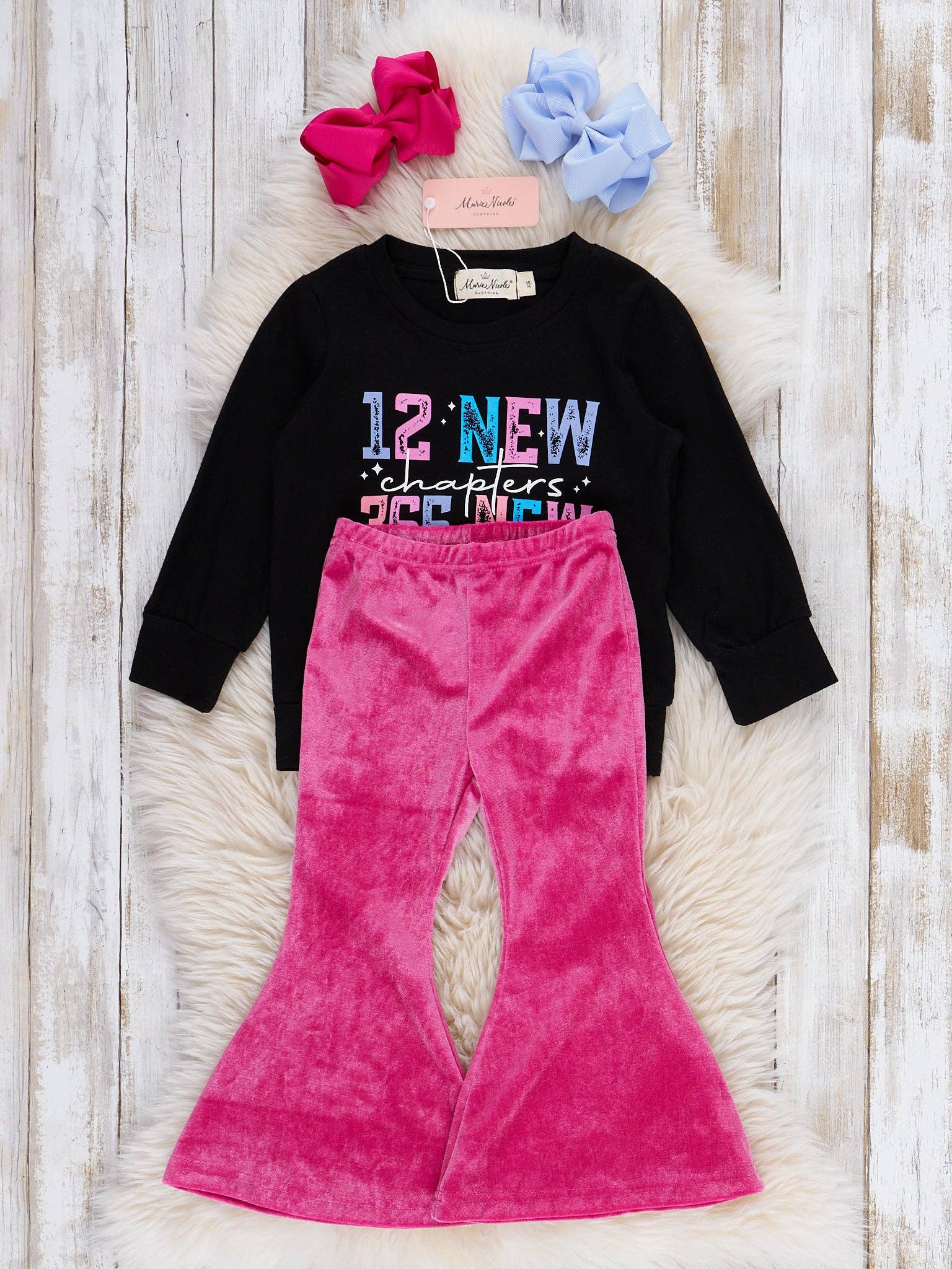 Marie Nicole Clothing - Wholesale Top & Pant Set - Kids - "12 New Chapters, 365 New Chances" Velvet Bell Bottom Outfit2