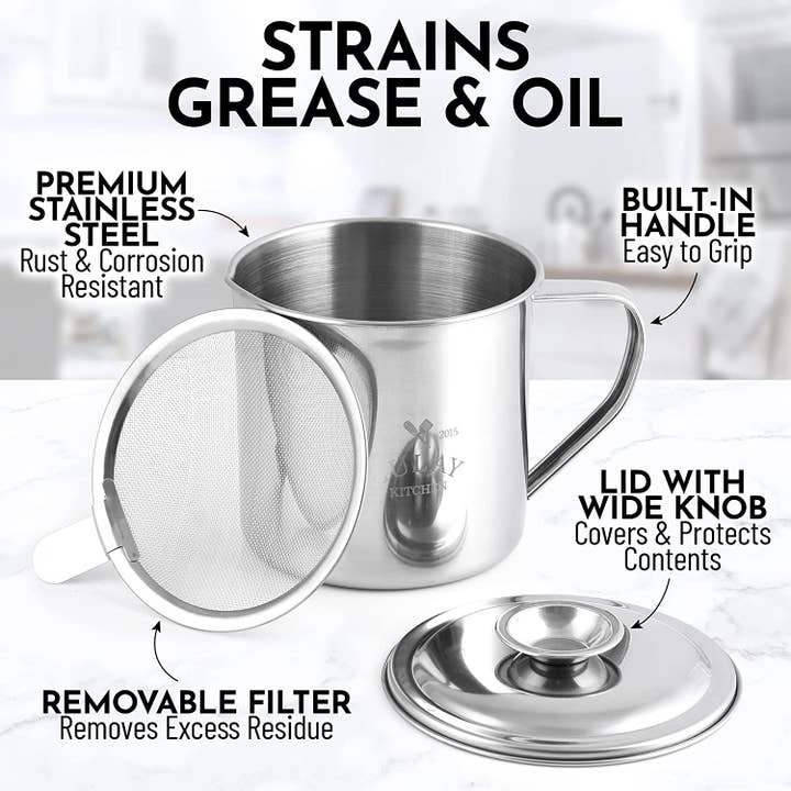 Zulay Kitchen - Wholesale Food Storage Container - Bacon Grease Container With Strainer & Lid - 1 Liter5