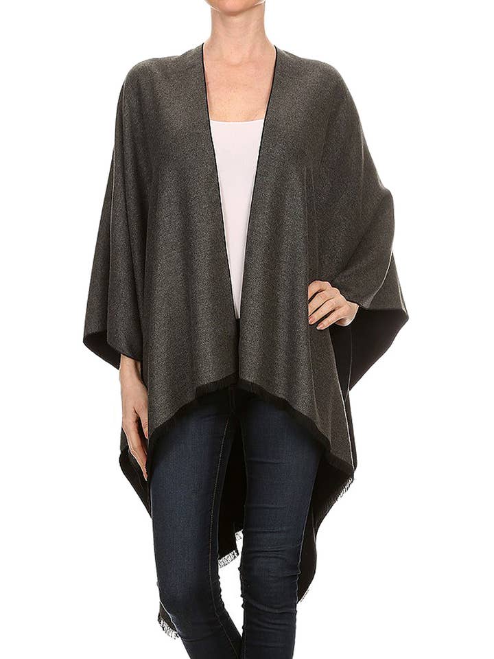 Cap Zone - Wholesale Poncho - Women's - Reversible Faux Cashmere Open Cape Poncho