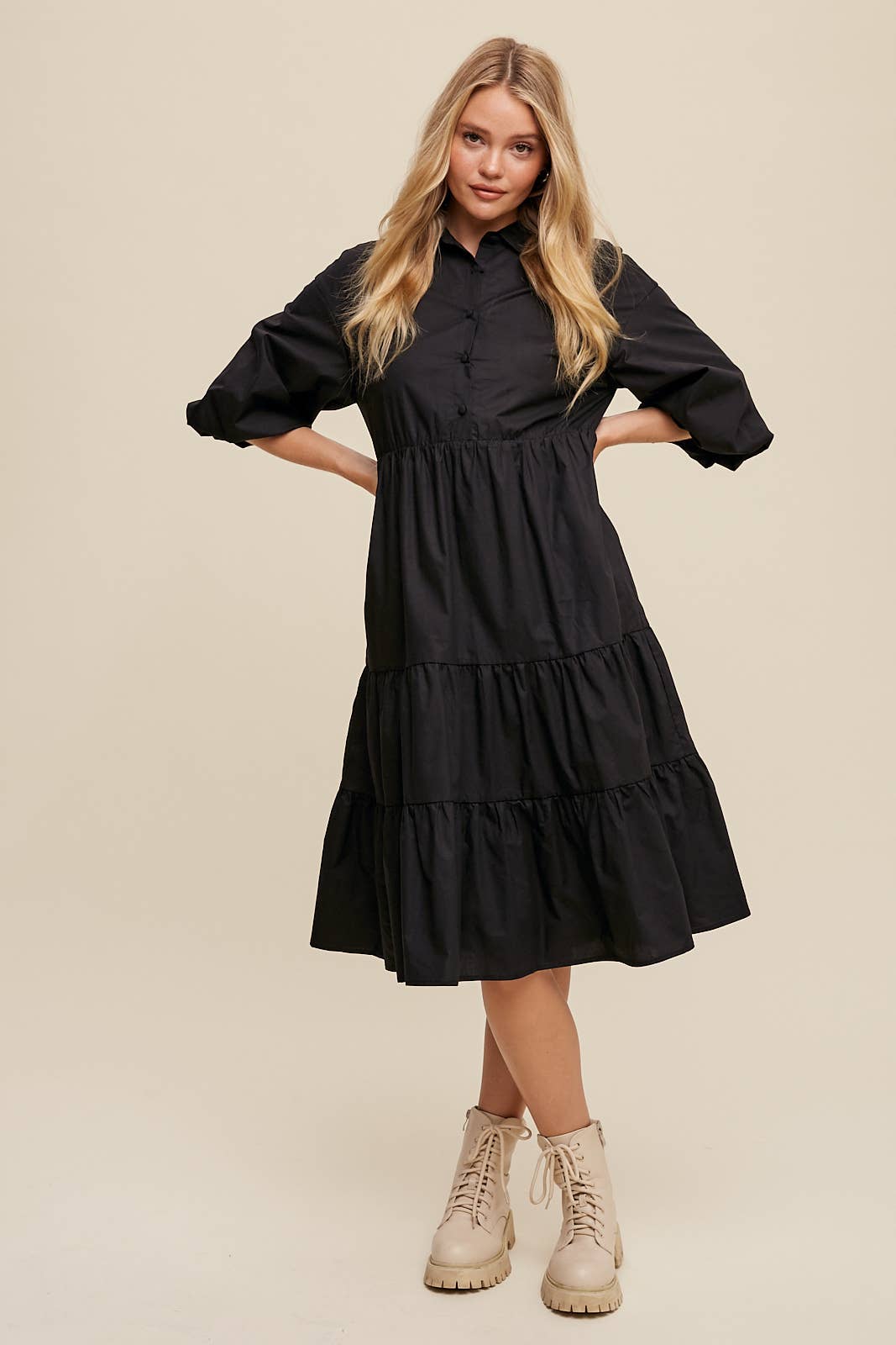 Listicle - Wholesale Dress - Women's - Tiered Poplin Shirt Dress3