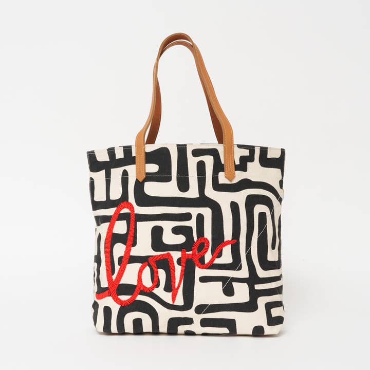 Go-To Tote - Black Kuba with Red Beaded Love for wholesale by Ubuntu Life