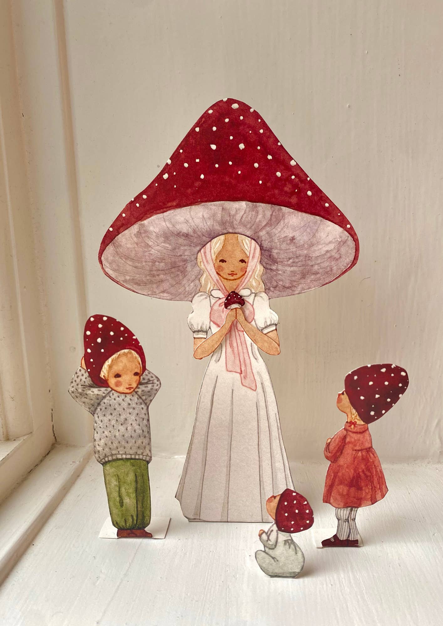 Tall Hat Tales - Wholesale Art Print - Papercutouts Red Mushroom Mom with Children