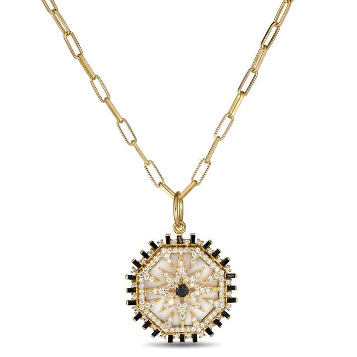 Mother of Pearl and Zirconia Deco Pendant Necklace for wholesale by Rachel Reinhardt