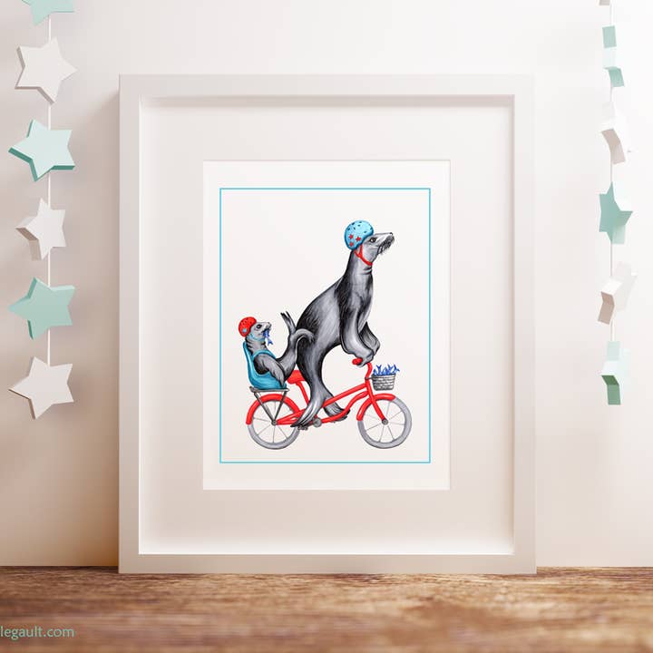 Sardines Studio - Wholesale Art Print - Sea Lion riding a bike Art Print