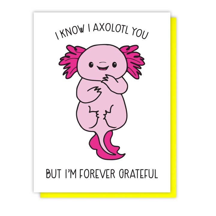 Punny Grateful Axolotl Thank You Letterpress Card for wholesale by Kiss and Punch