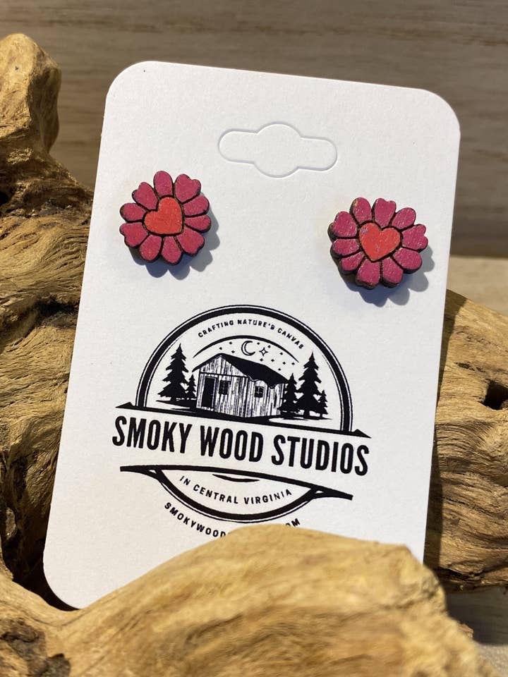 Flower Heart Stud Earrings for wholesale by Smoky Wood Studios