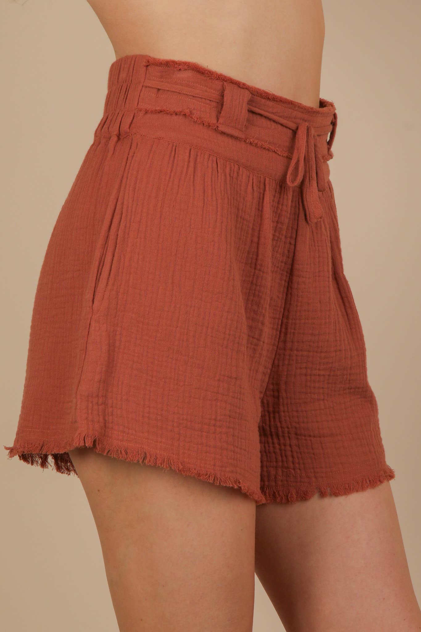 VERY J - Wholesale Shorts - Women's - NP70879-Cotton Gauze Shorts W/ Front Tie1