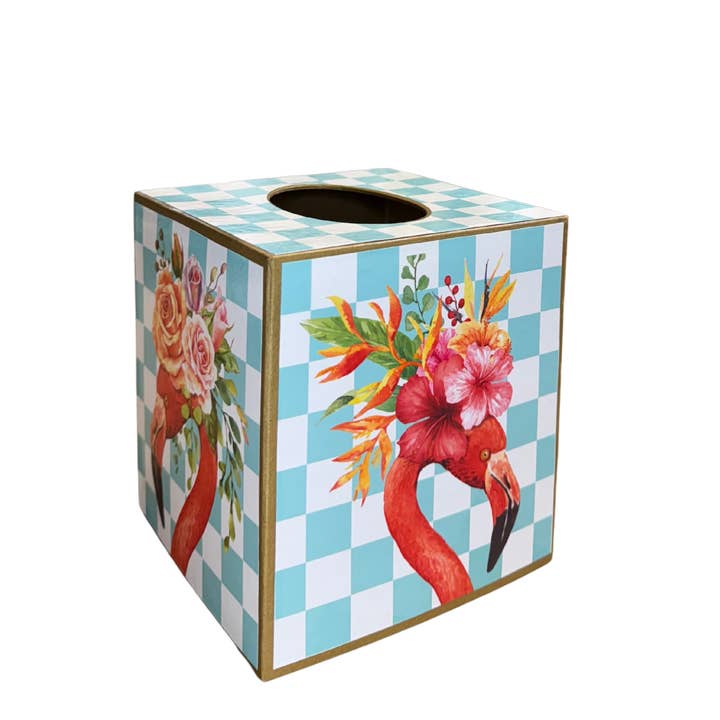 Kleenex Box or Vase, Flamingo with blue checks, whimsical for wholesale by TOPICS IN THE TROPICS