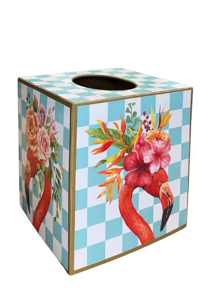 Scatola di Kleenex o Vaso, Fenicottero con quadretti blu, stravagante per la vendita all'ingrosso da parte di TOPICS IN THE TROPICS