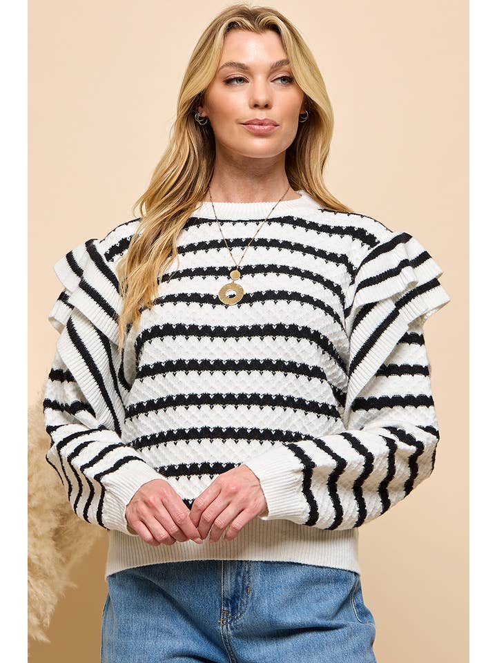 Black White Stripe Ruffle Trim Sweater for wholesale on Faire