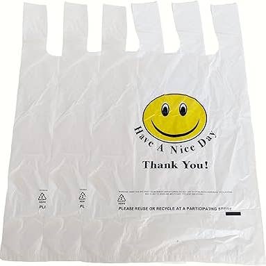 EcoQuality White Smiley Face Plastic Shopping Bags Medium 10x5x18 for wholesale by EcoQuality