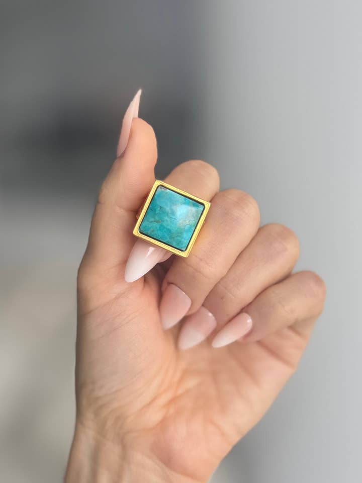 Turquoise 16mm Square Cut Ring | 24K Gold Filled for wholesale by WILYMI Jewelry Co