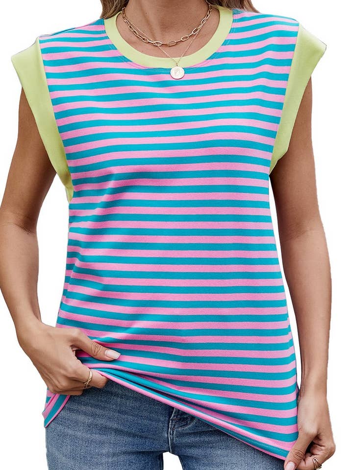 NINEXIS - Wholesale T-Shirt - Women's - CWTTSL0320_SUMMER STRIPED ROUND NECK SHORT SLEEVE T-SHIRT