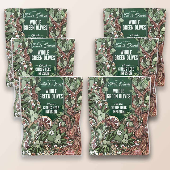 Cracked Green Olive Snacks, Citrus Herb (1.6oz, 6 Pack) for wholesale by Teta's Olives