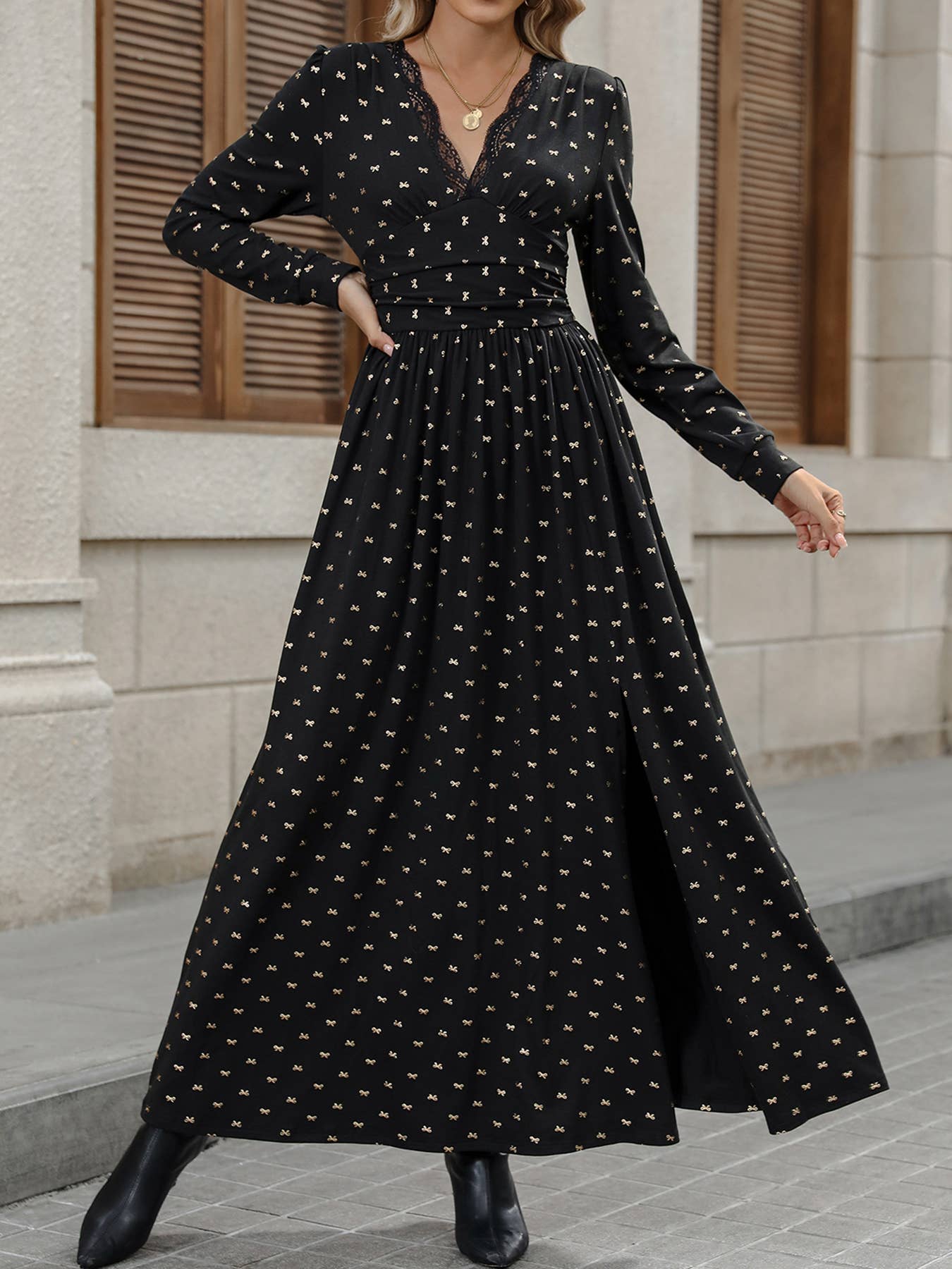Black Autumn elegant  style lace bow printed long-sleeved dress for wholesale on Faire0