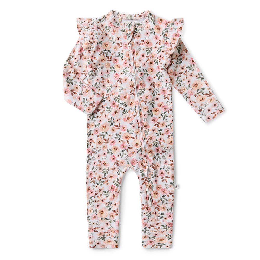 Snuggle Hunny – wholesale Nattdräkt – Baby – Vårblommig ekologisk snugglesuit konvertibel romper med volang1