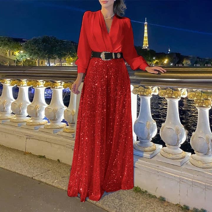 Plush Looks - Wholesale Top & Pant Set (NOT Loungewear) - Women's - Sequin Wide Leg Pants Suit With V-Neck Long Sleeve Shirt