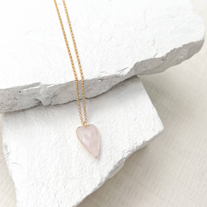 Roc Jewellery - Wholesale Pendant/Charm Necklace - Rose Quartz Heart Gold Plated Necklace0