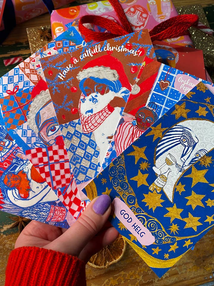 Dobbeltfoldede julekort - 5 motiver x 10 stk. for engroshandel hos Jessica Jämting Art