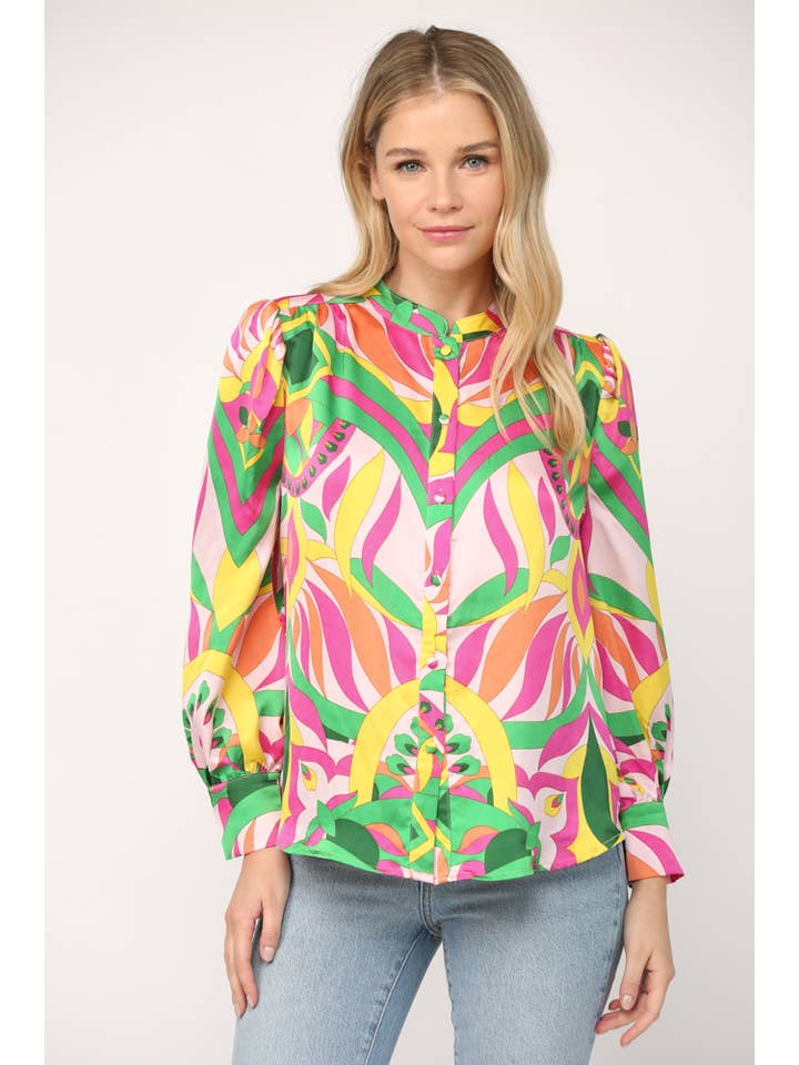 YELLOW PINK ABSTRACT PRINT STANDING COLLAR BUTTON DOWN SHIRT FT8911 for wholesale on Faire