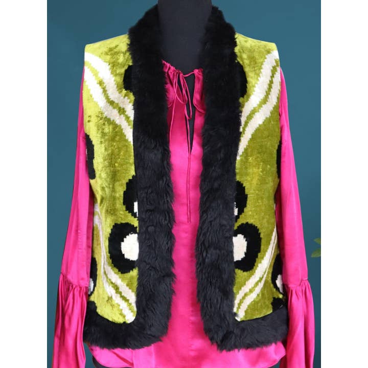 Silk Velvet Ikat Vest Green for wholesale by MIASETA