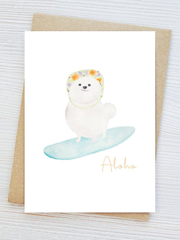 Aloha Surf Dog, Everyday Card, Charming, Coastal, Beach for wholesale by Jennifer Vaudo Art