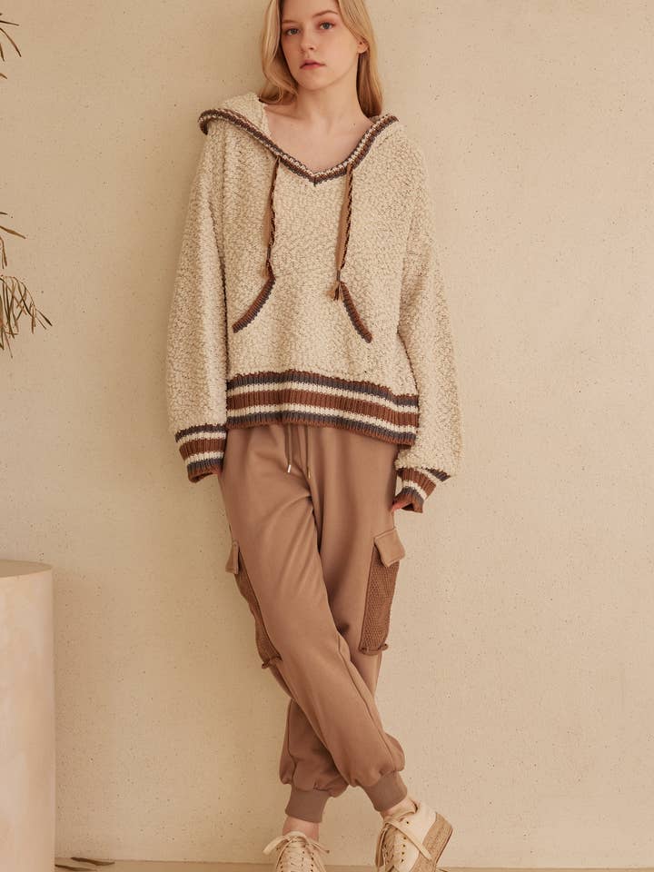 Beige Brown Cozy Hooded Puff Sweater for wholesale on Faire4