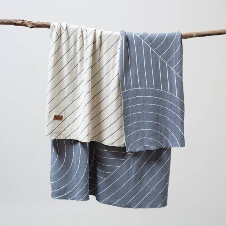 100% Cotton Knitted Throw - CloseUp in Lake and Cream for wholesale by Thyme and Sage Home Textiles