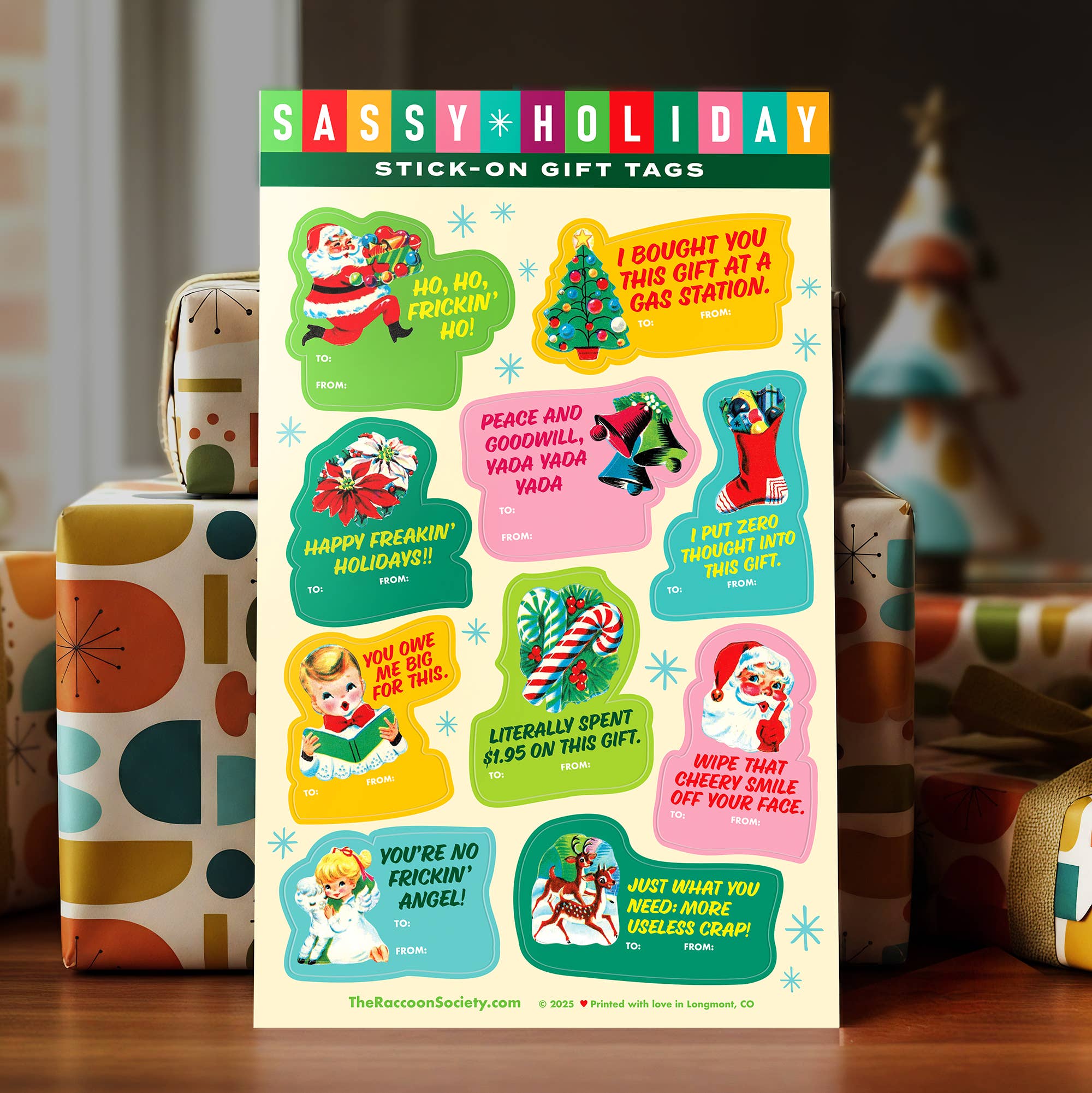 The Raccoon Society - Vente Textes pour étiquette cadeau - Feuille d'étiquettes cadeaux autocollantes espiègles pour les fêtes1