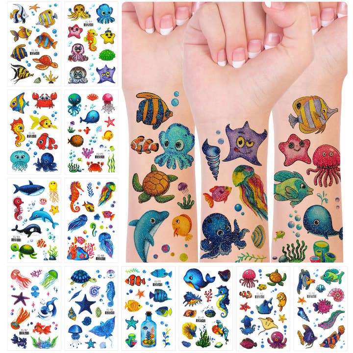 Wrapables Glitter Temporary Tattoos, 12pcs Ocean Animals for wholesale by Wrapables.com
