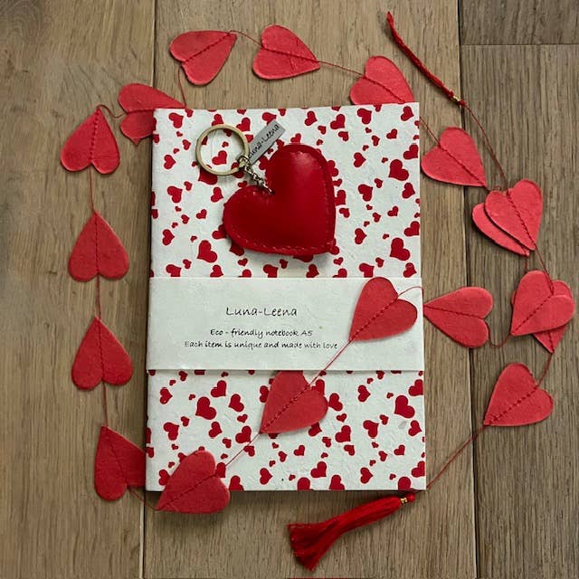 Luna-Leena  - handmade in Nepal - Wholesale Notebook - notebook A5 - heart print - red - handmade eco paper2