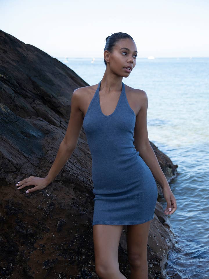 Strik Halter Kjole - Navy Blå for engroshandel hos Style Addict