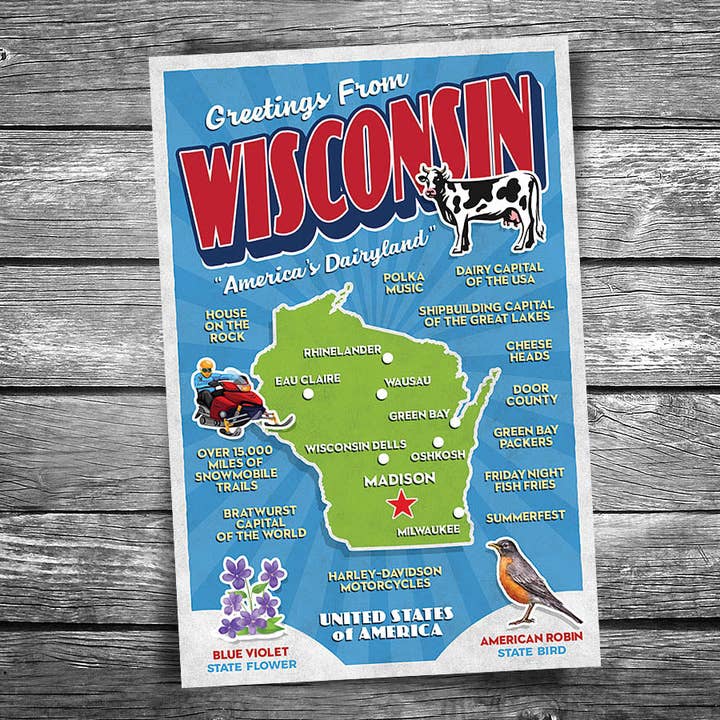 Greetings from Wisconsin Postcard for wholesale by Christopher Arndt Postcard Co.