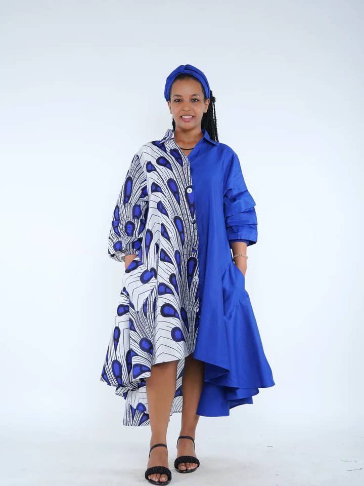 African Button Down Dress With Hair Wrap - Blue for wholesale by Mir Apparel