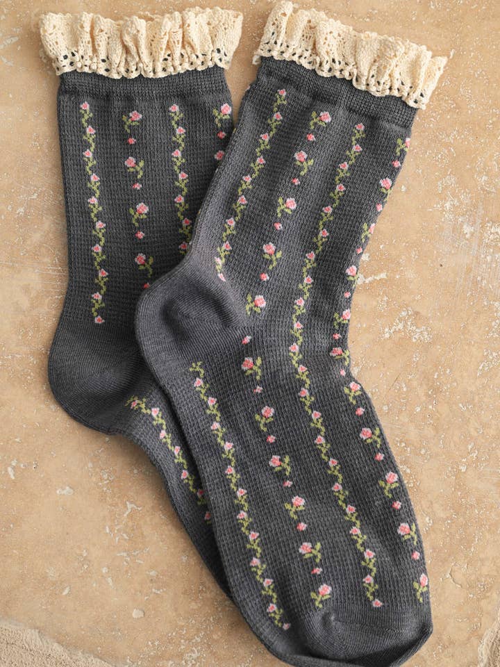 A5361 FLORAL PRINT CROCHET TRIM SOCKS for wholesale by MIOU MUSE