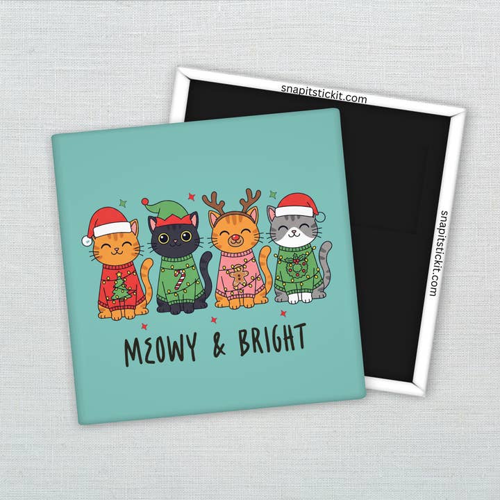 Snap It Stick It - Wholesale Magnet - Meowy & Bright Ugly Christmas Sweater Cats – Funny Holiday Cat Gift - Magnet 2x2