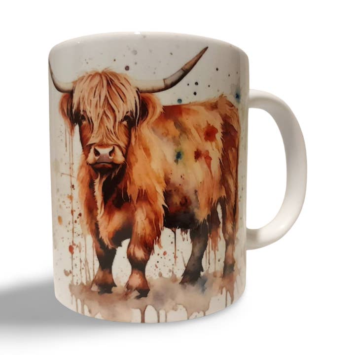 Highland Cow Coffee Mug, Water Colour Style (Design 1) for wholesale by Rockways Designs