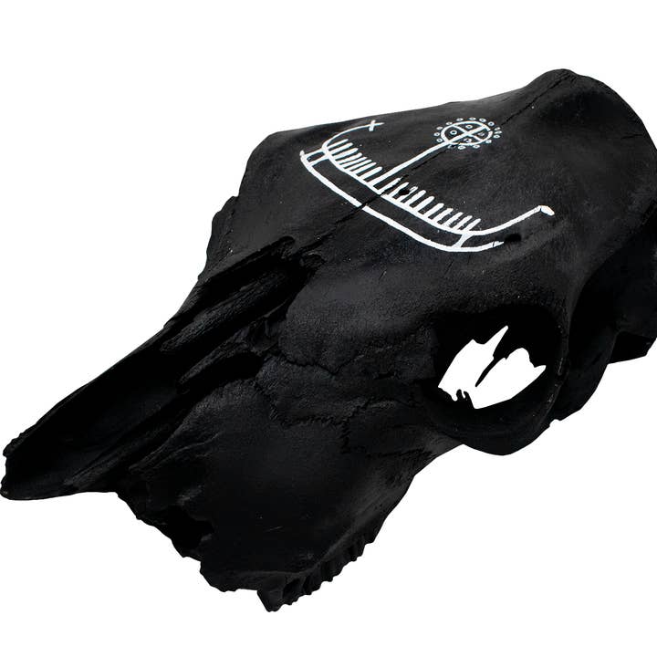 Crânio de Vaca Enegrecido com Petroglifo de Navio Viking. por atacado de Oreamnos Oddities