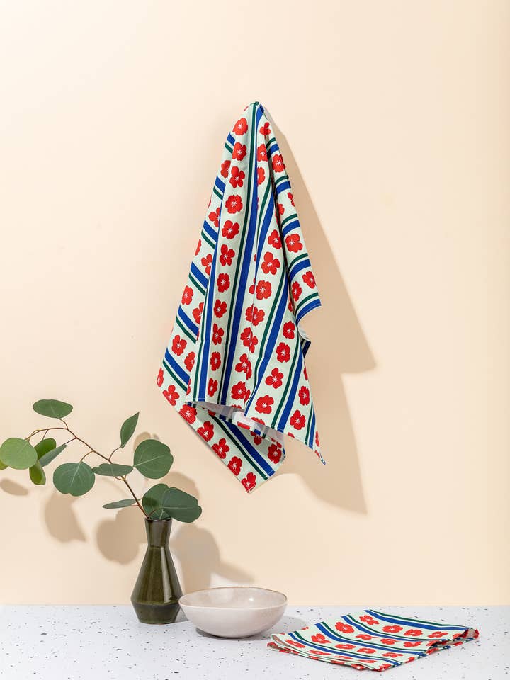 Tea towel Burgundy and stripes for wholesale by Teresa Rego