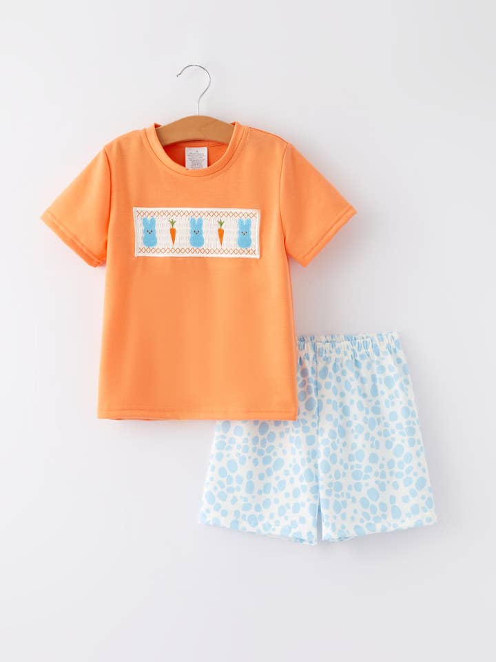 Conjunto de niños con bordado de zanahoria del conejo de Pascua para venta al por mayor de Rylee Faith Designs