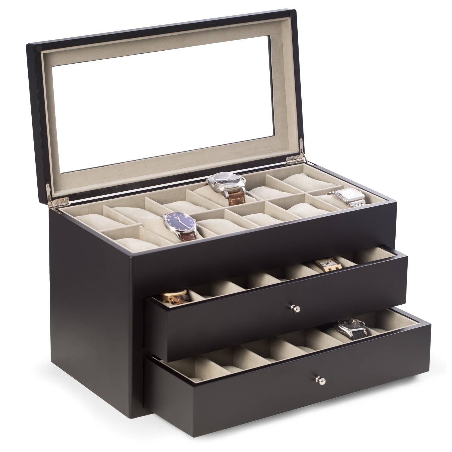 BeyBerk International - Wholesale Jewelry Box/Organizer - Watch Case - Matte Black Wood for 36 Watches0
