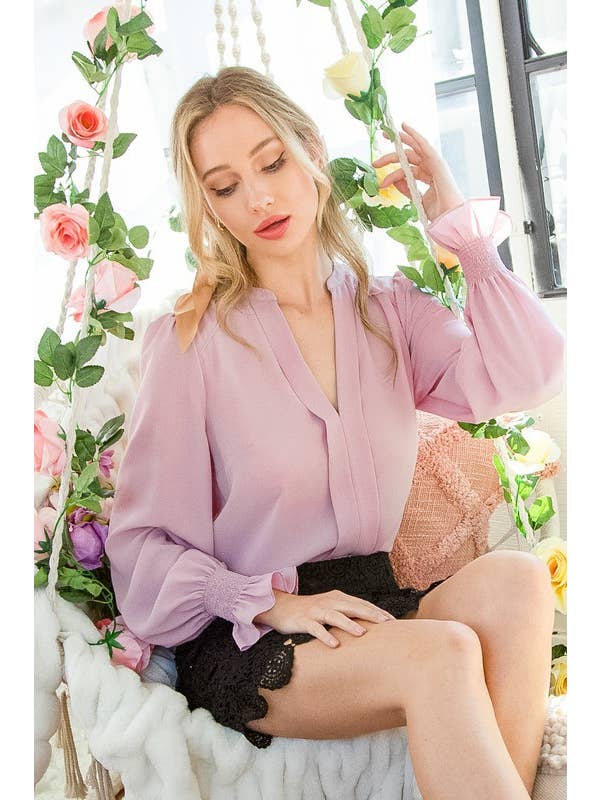 Vine & Love - Vente Chemisier – femme - Blouse smockée à encolure Henley et manches ballon VT31377D10