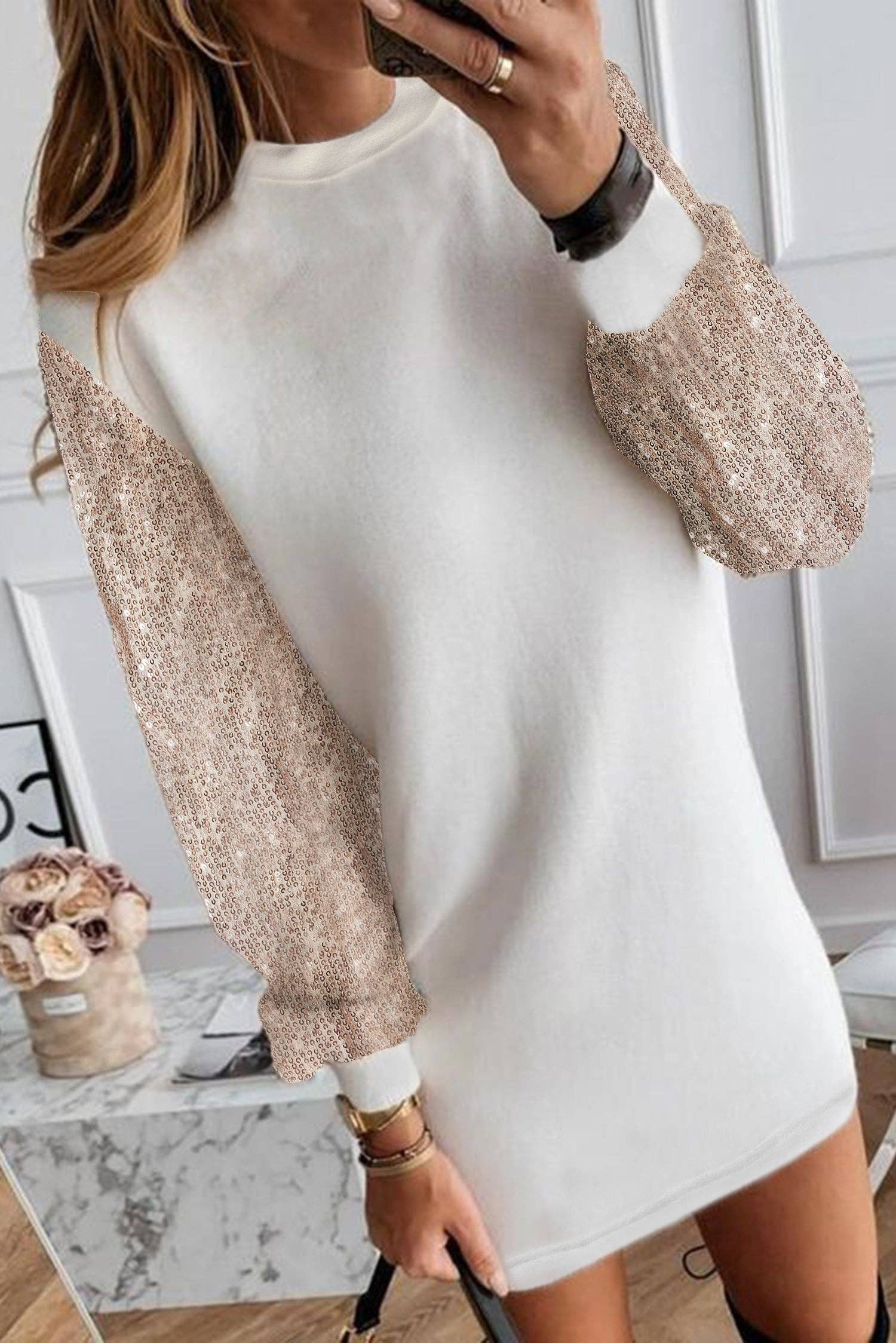 Lovesoft - Wholesale Dress - Women's - White Sequin Puff Sleeve Shift Mini Dress1