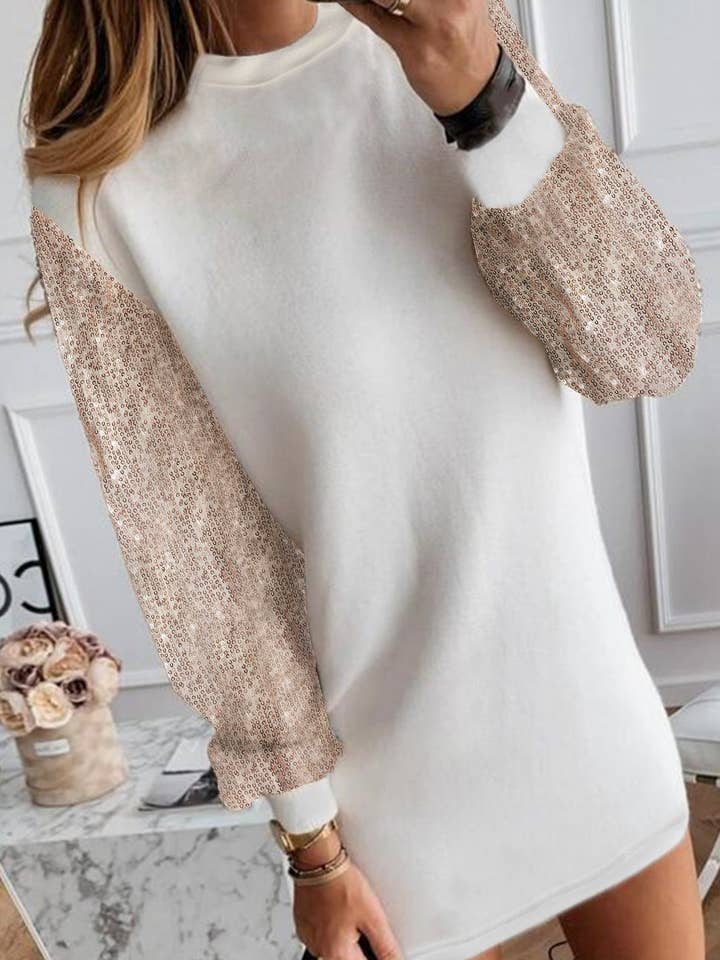 Lovesoft - Wholesale Dress - Women's - White Sequin Puff Sleeve Shift Mini Dress1