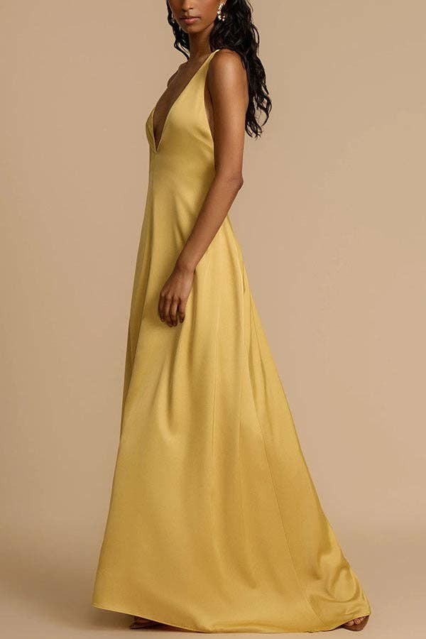 Gold 2025 NEW Summer Sexy Satin Backless VNeck Maxi Dress for wholesale on Faire9