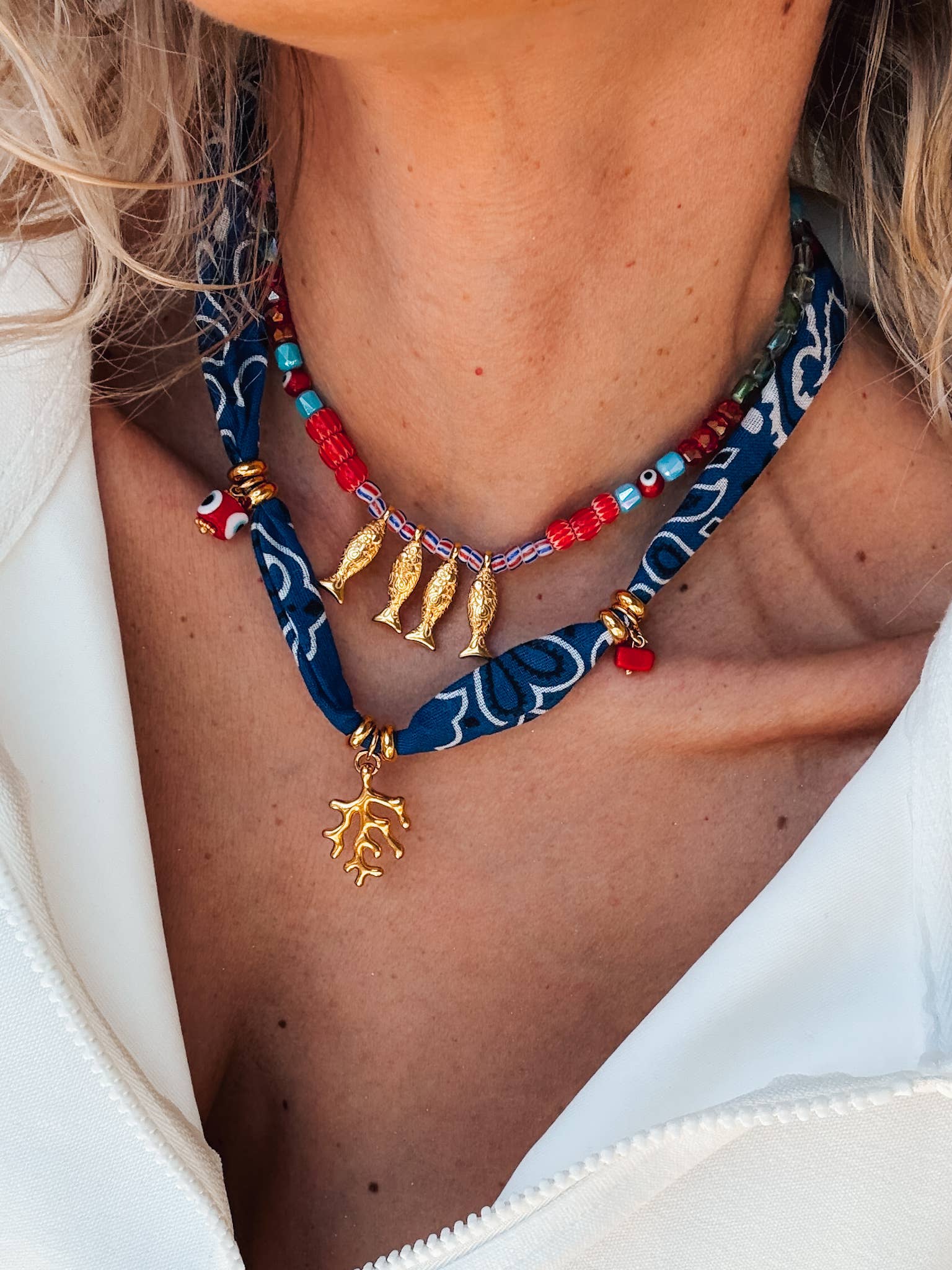 Goupi - Wholesale Beaded/Pearl Necklace - Bohemian blue bandana scarf & colorful beaded fish necklace1