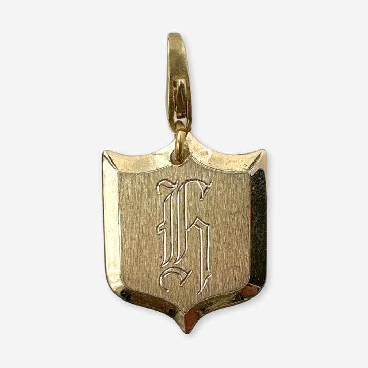 Gold tone engraved "G" monogram vintage shield cufflink charm for wholesale by Lulu’s Petals
