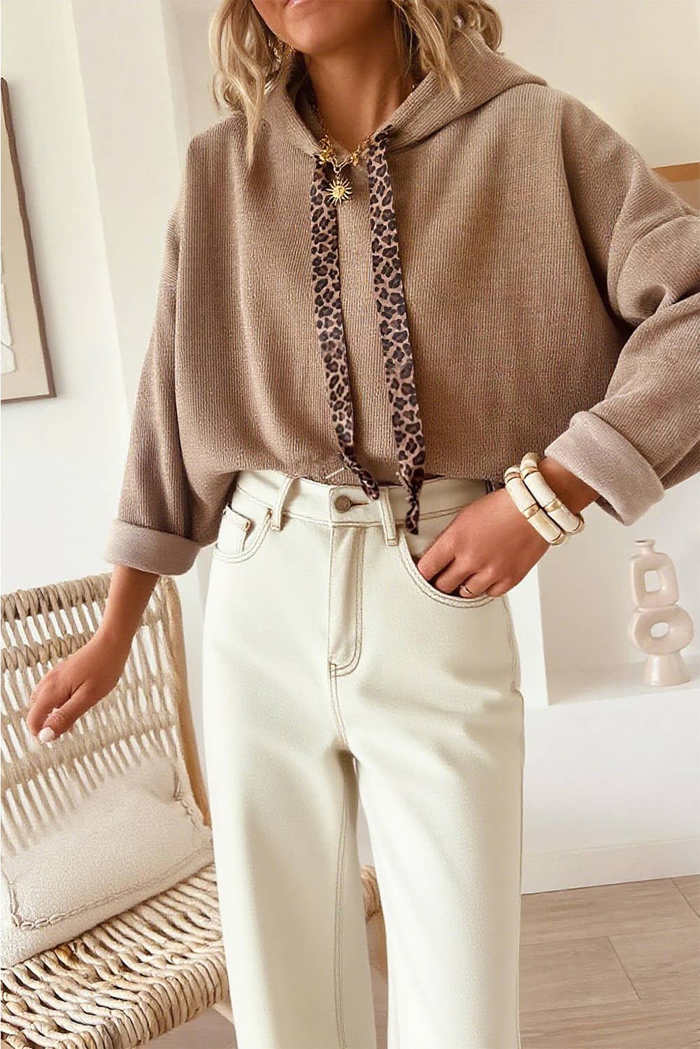 66DISCO - Vente Sweat à capuche – femme - Sweat à capuche ample à cordon en dentelle texturée thermique/imprimé léopard (S-XL)0