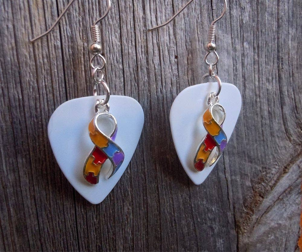 Simply Raevyn - Wholesale Dangle Earrings - Autism Awareness Ribbon Charm Guitar Pick Earrings2